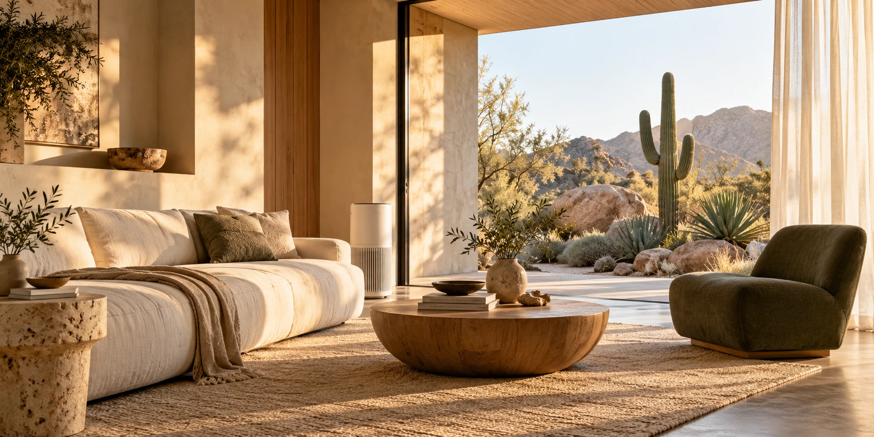A calm modern living room opening onto a desert garden